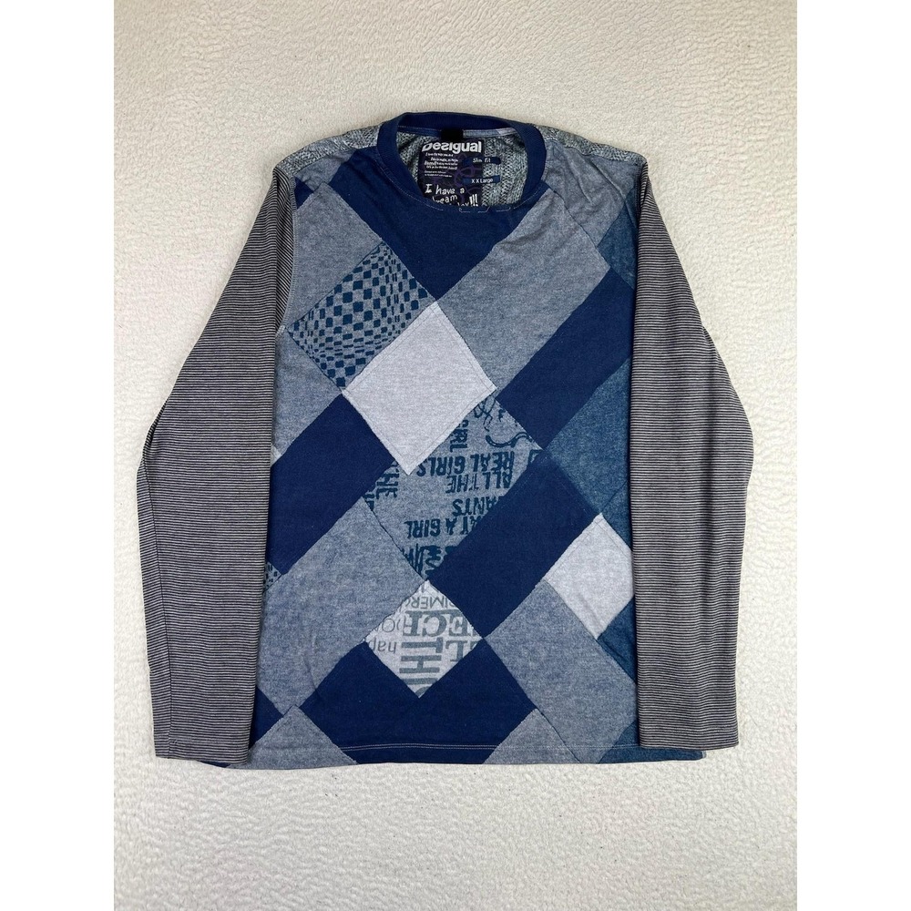 Desigual Sweater Mens 2XL Gray Argyle Graphic Slim Fit Crewneck Knit Pullover